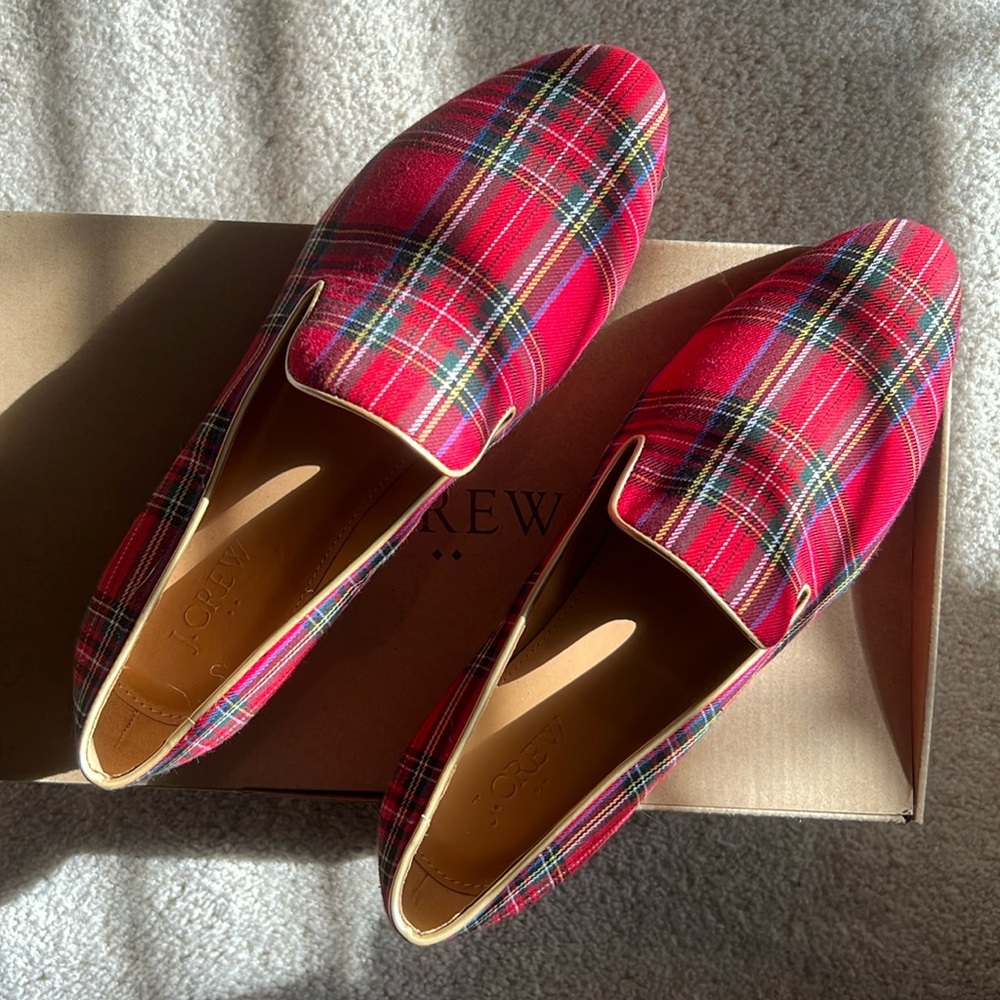 J.Crew Factory Red Tartan Smoking Slipper Loafers - Size 8.5
